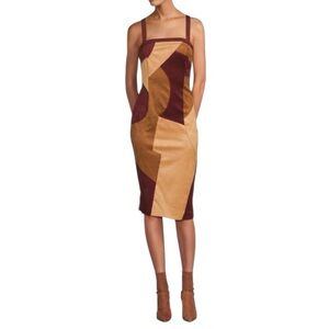 Ramy Brook Odette Suede Patchwork Sheath Dress Knee Length Tan Burgundy 8 NWT